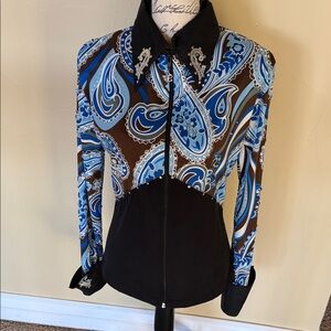 Paisley Zip-Up Blouse in Blue and Brown. Rhinestone accents